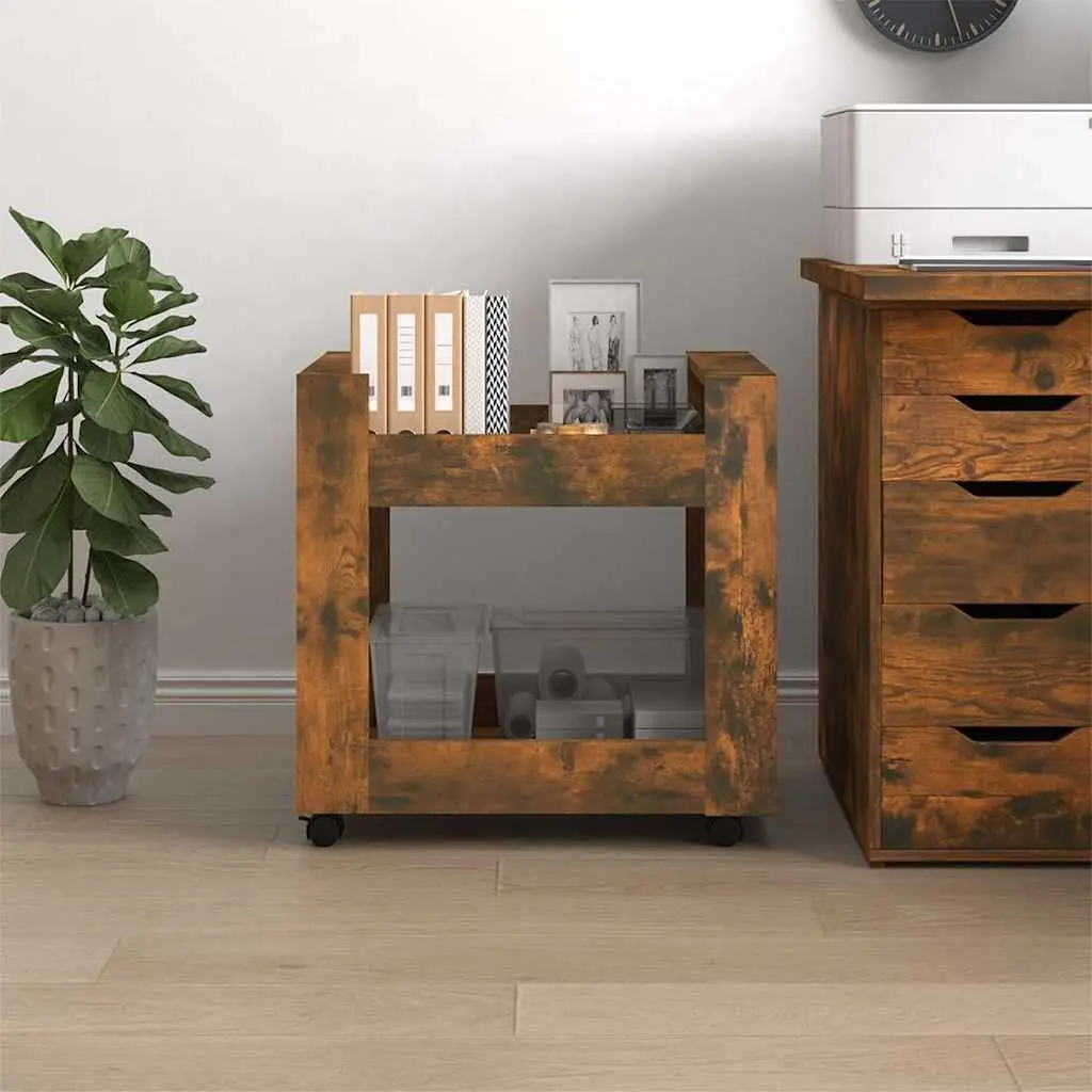 Desk Trolley 60x45x60 cm Smoked Oak Open Shelves Storage Mobile Casters Brown