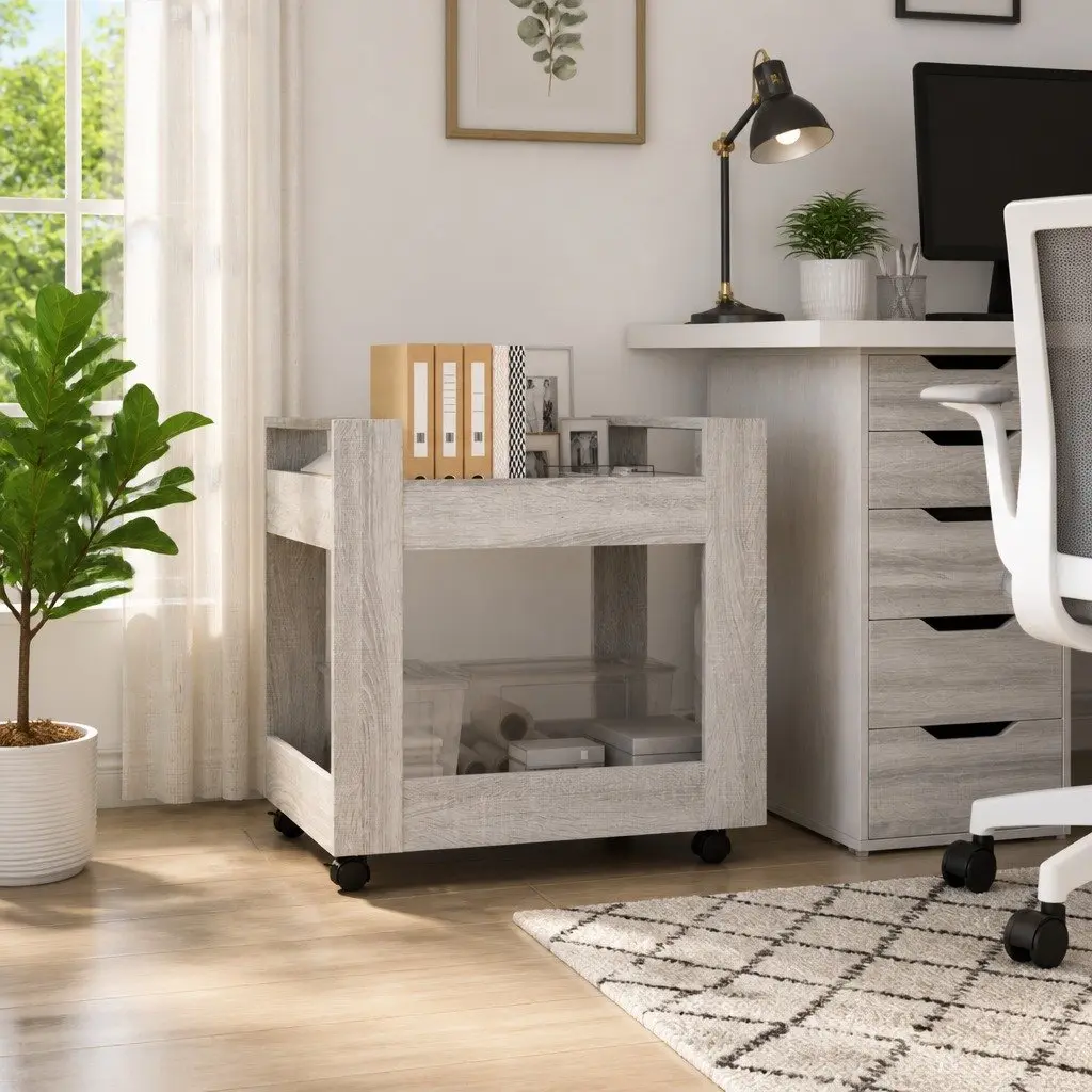 Desk Trolley Storage Cart for Office Kitchen Living Room 2 Shelf Engineered Wood Mobile with Rolling Casters