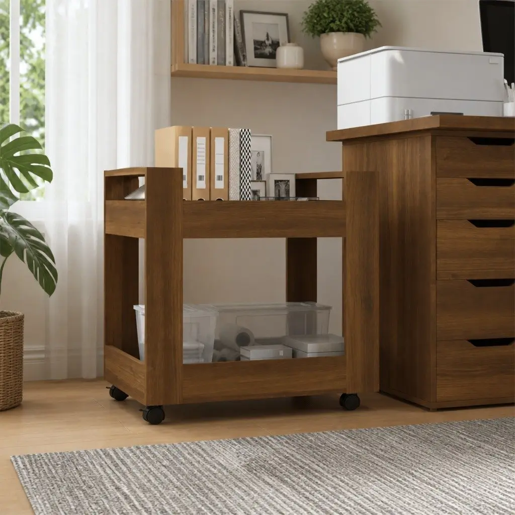 Desk Trolley for Office Kitchen Living Room 60x45x60 cm Brown Engineered Wood with 2 Open Shelves and Rolling Castors