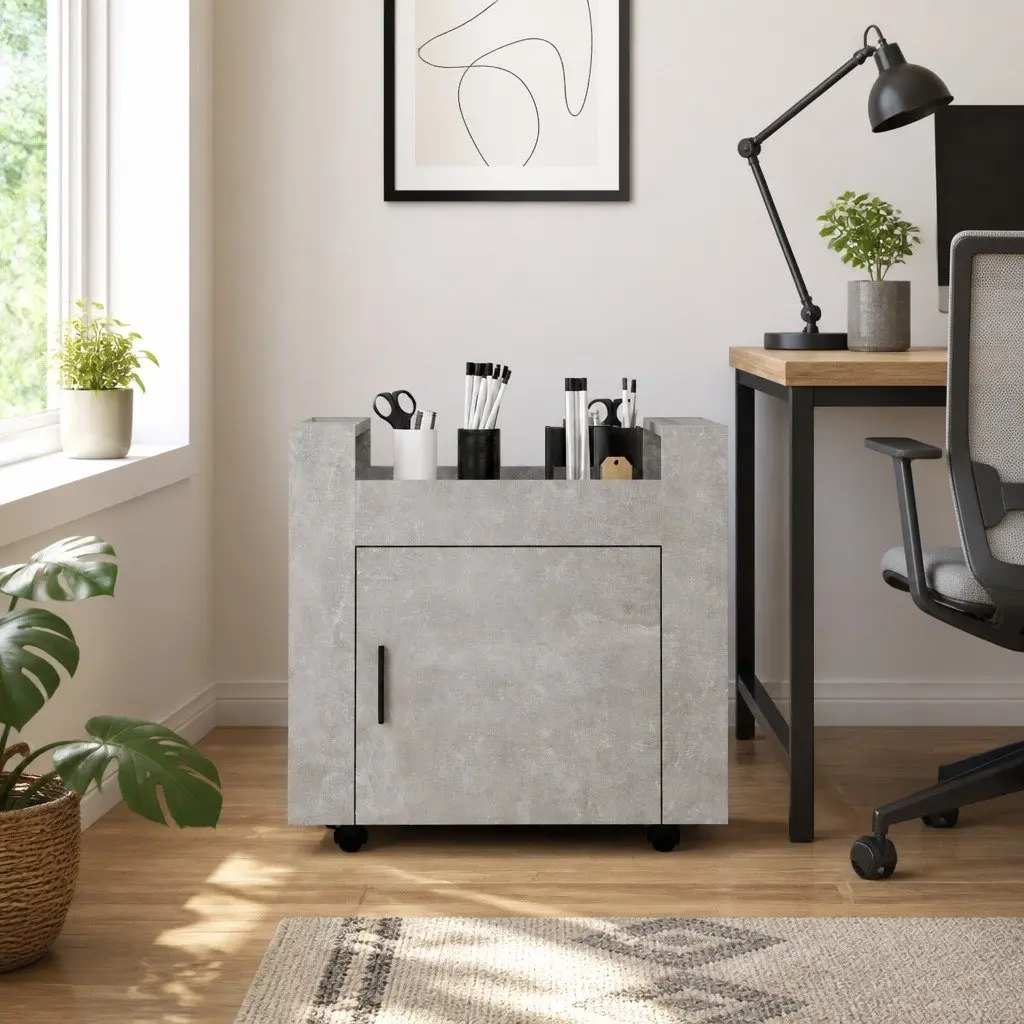 Mobile Storage Cabinet Desk Trolley 60x45x60cm Grey Engineered Wood with Casters for Office Workspace