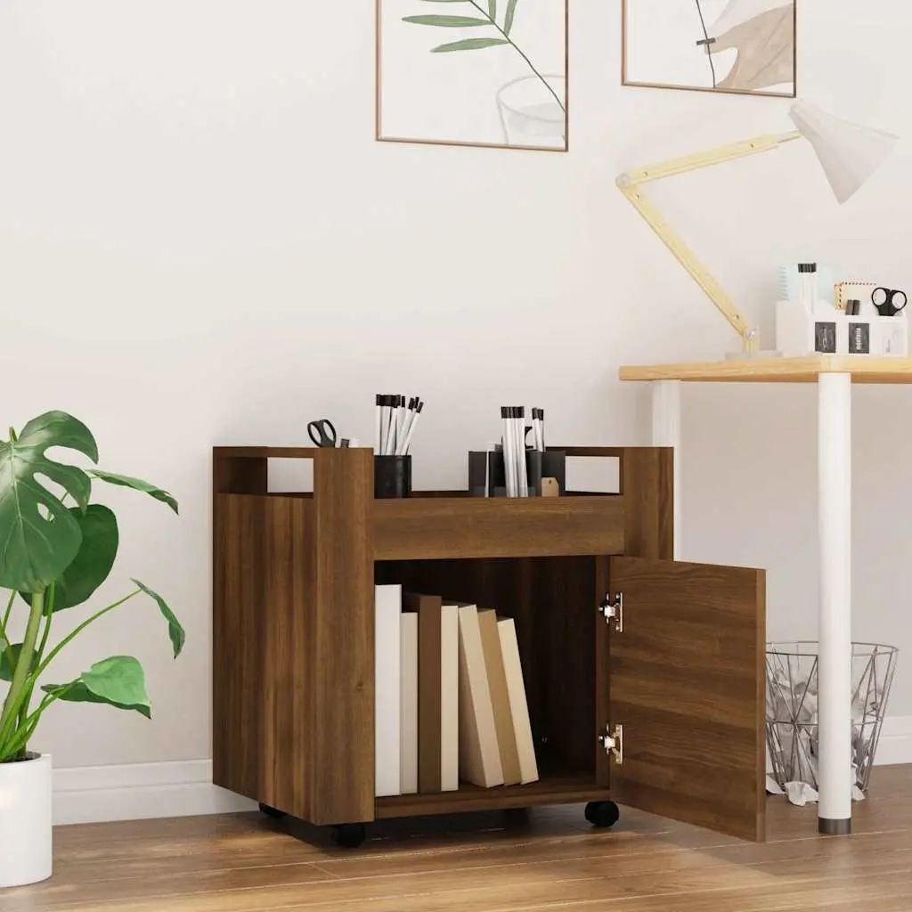 Desk Trolley Brown Oak Storage Cabinet on Wheels Office Furniture Organiser