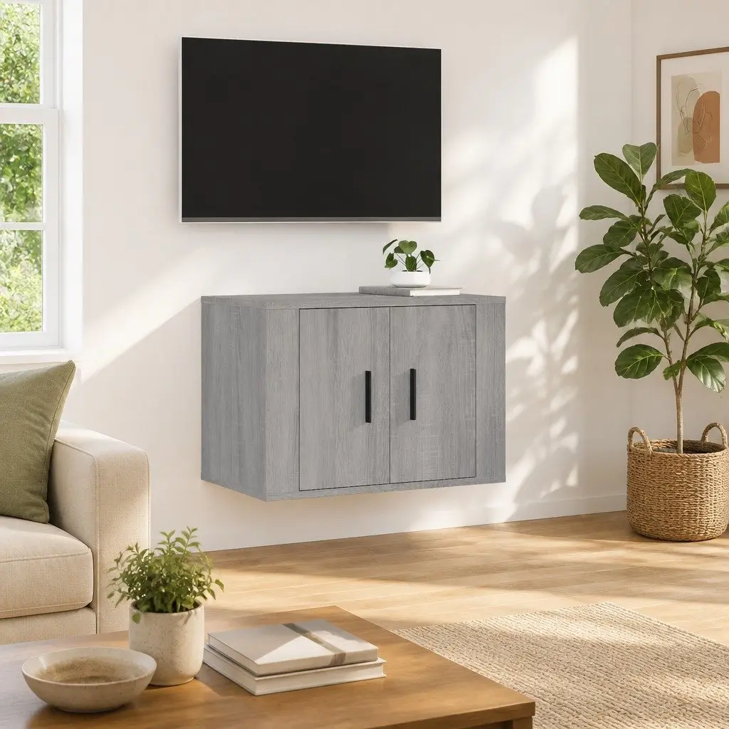 Grey Engineered Wood Wall Mounted Storage Cabinet for TV Media Shelving 57x34.5x40cm