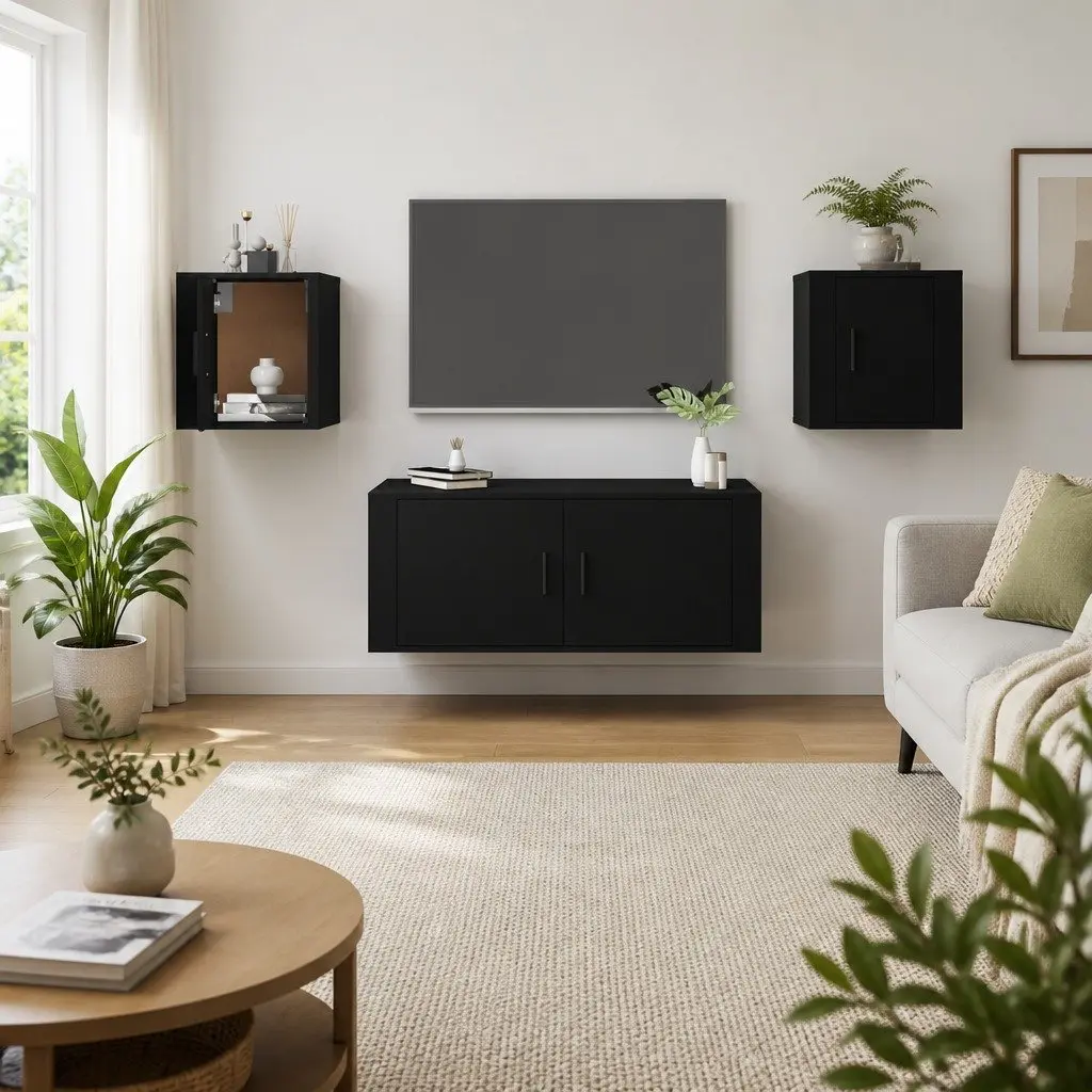 Black Media Display Shelves Wall Mounted TV Cabinet Storage Unit Home Furniture 40x34.5x40cm 2 Piece