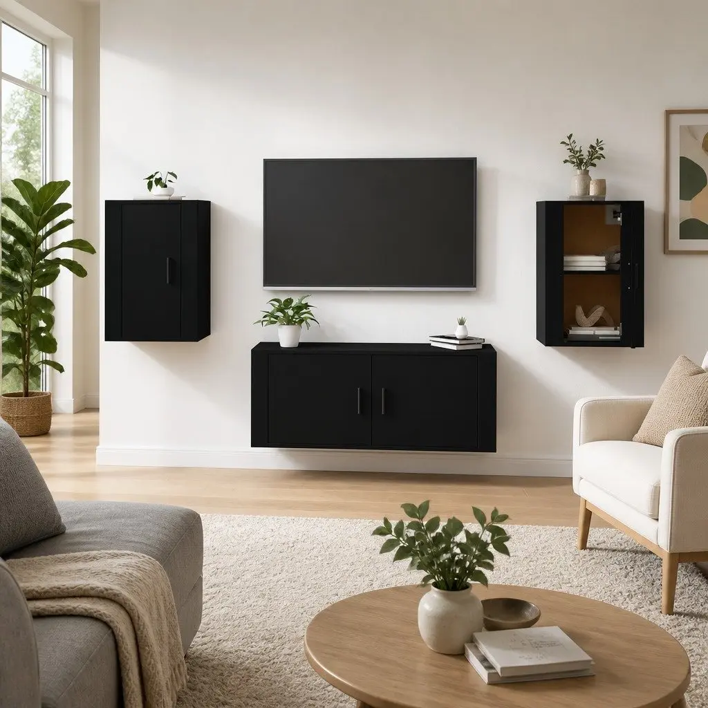 Wall Mounted TV Cabinet Black Storage Unit Media Organiser Display Shelf 40 x 34.5 x 60 cm 2 Piece