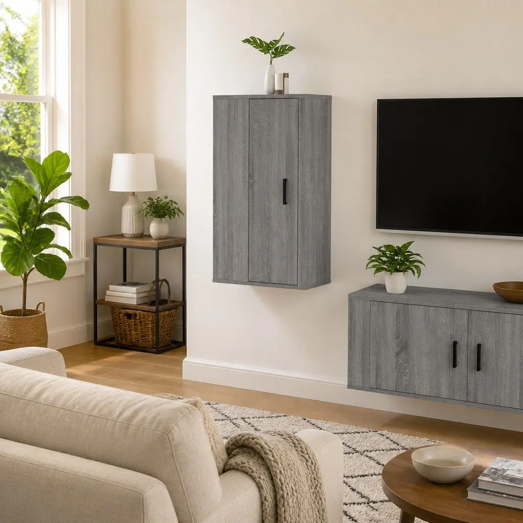 Wall Mounted TV Cabinet Grey Media Unit 3 Compartments Storage Organiser Décor