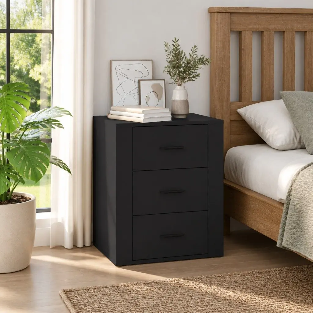 Bedside Cabinet Black Bedroom 50x36x60 cm Engineered Wood Nightstand 3 Drawer Storage
