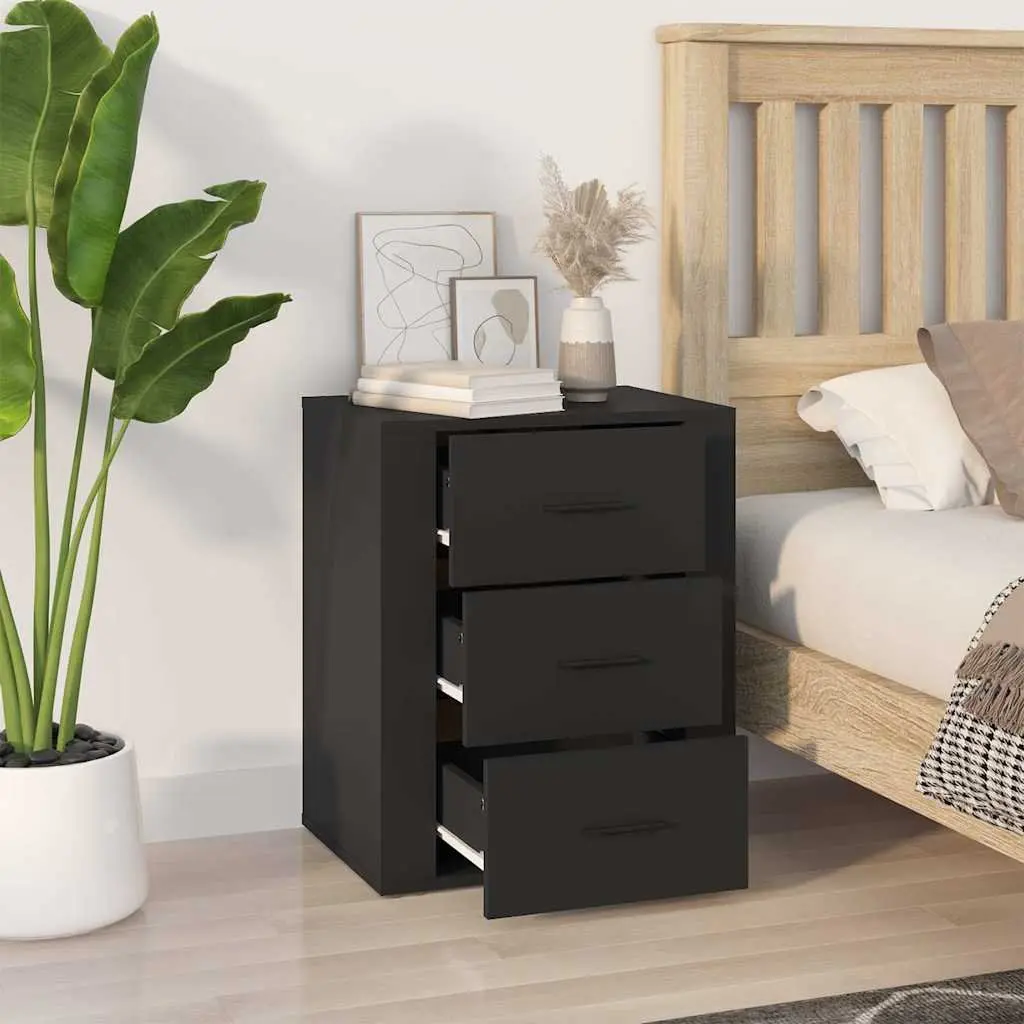 Bedside Cabinet Black Bedroom 50x36x60 cm Engineered Wood Nightstand 3 Drawer Storage