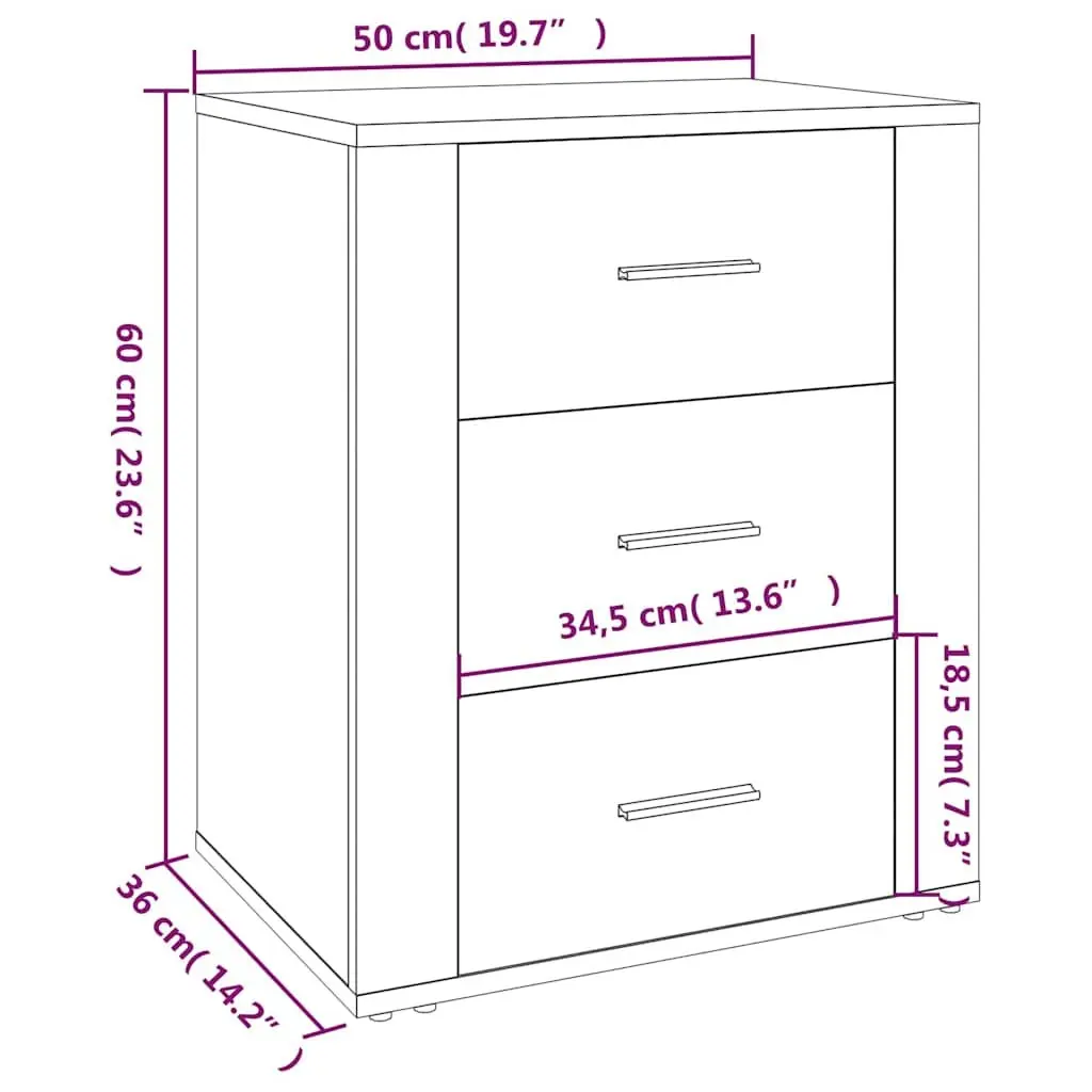 Bedside Cabinet Black Bedroom 50x36x60 cm Engineered Wood Nightstand 3 Drawer Storage