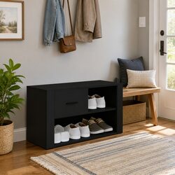 Shoe Cabinet Black Engineered Wood Storage Organiser 2 Compartments Hallway