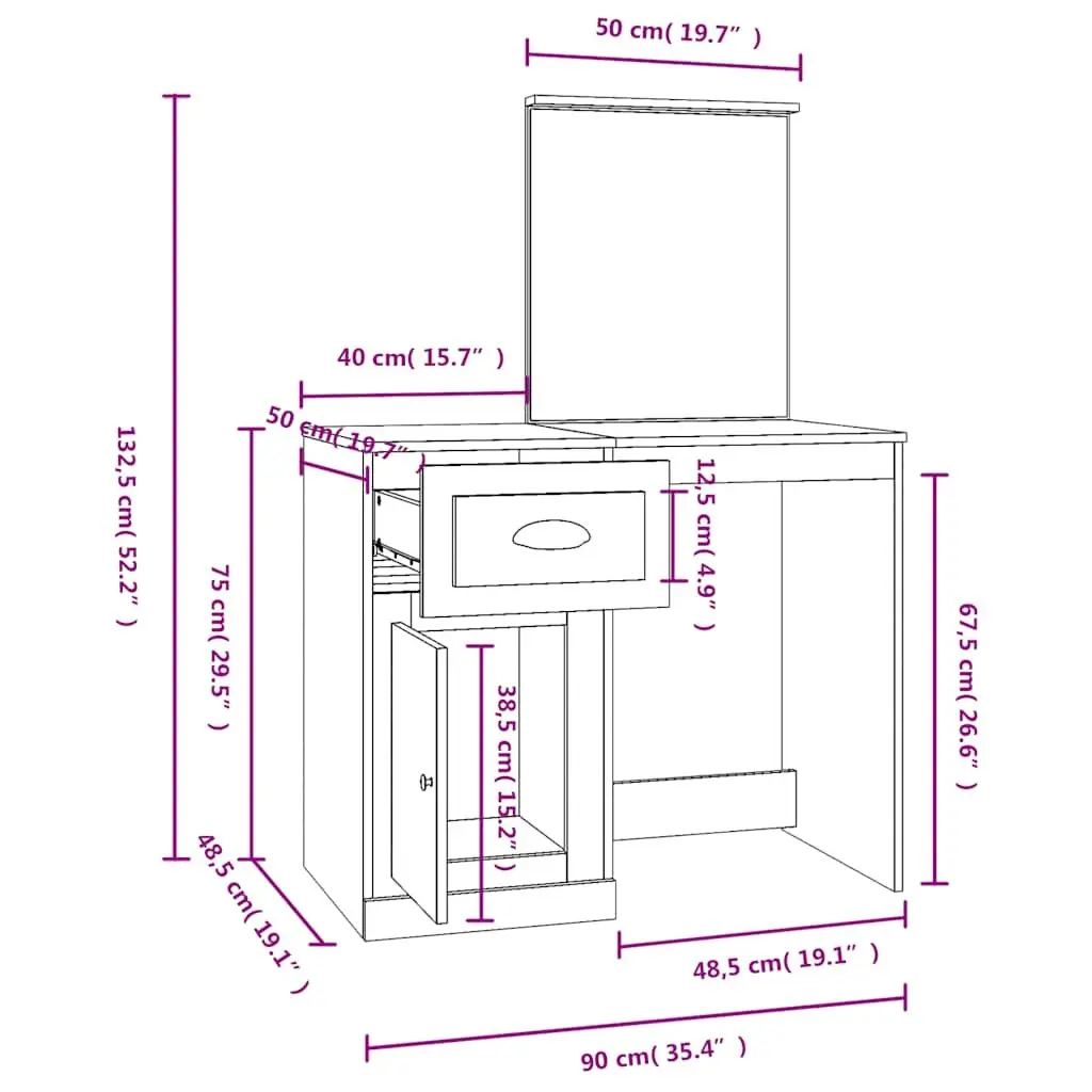 Dressing Table with Mirror for Bedroom Black Engineered Wood 90 x 50 x 132.5 cm