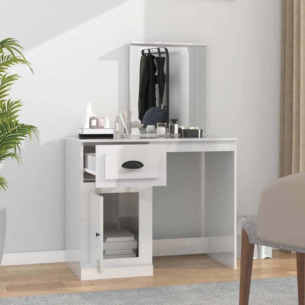 Dressing Table for Bedroom with Mirror White High Gloss 90W x 50D x 132.5H cm