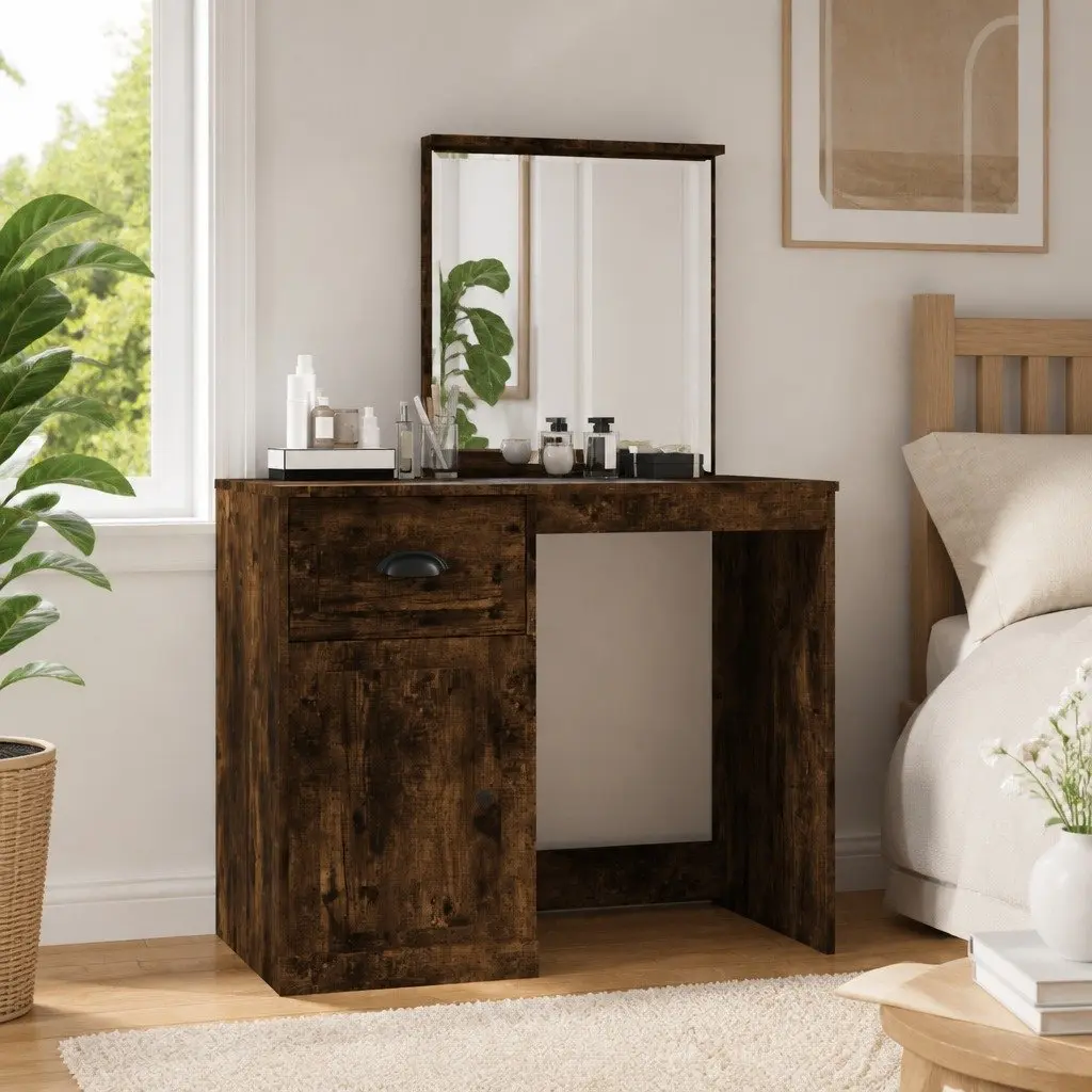 Brown Engineered Wood Dressing Table with Mirror