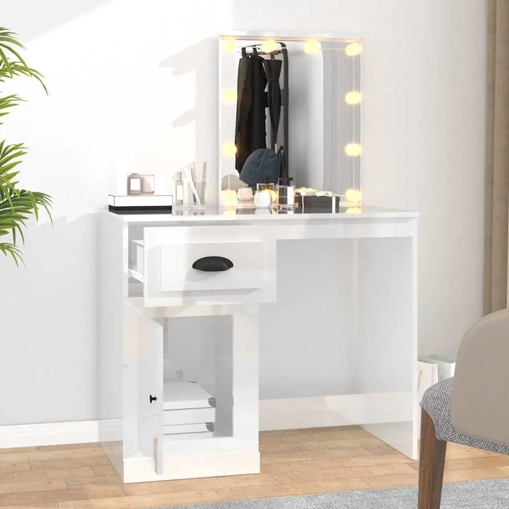 Dressing Table for Bedroom with LED Mirror White High Gloss 90W x 50D x 132.5H cm