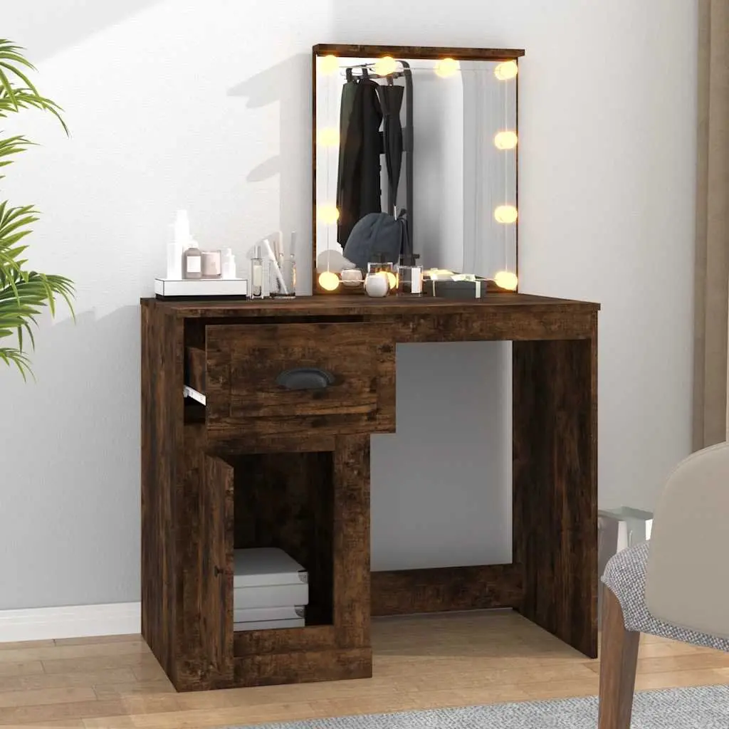 Dressing Table for Bedroom 90 x 50 x 132.5 cm with LED Mirror Smoked Oak Storage Makeup Desk
