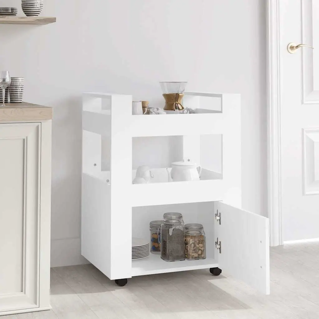 Kitchen Trolley White Storage Organizer 60x45x80 cm for Kitchen with 2 Shelves and 1 Compartment