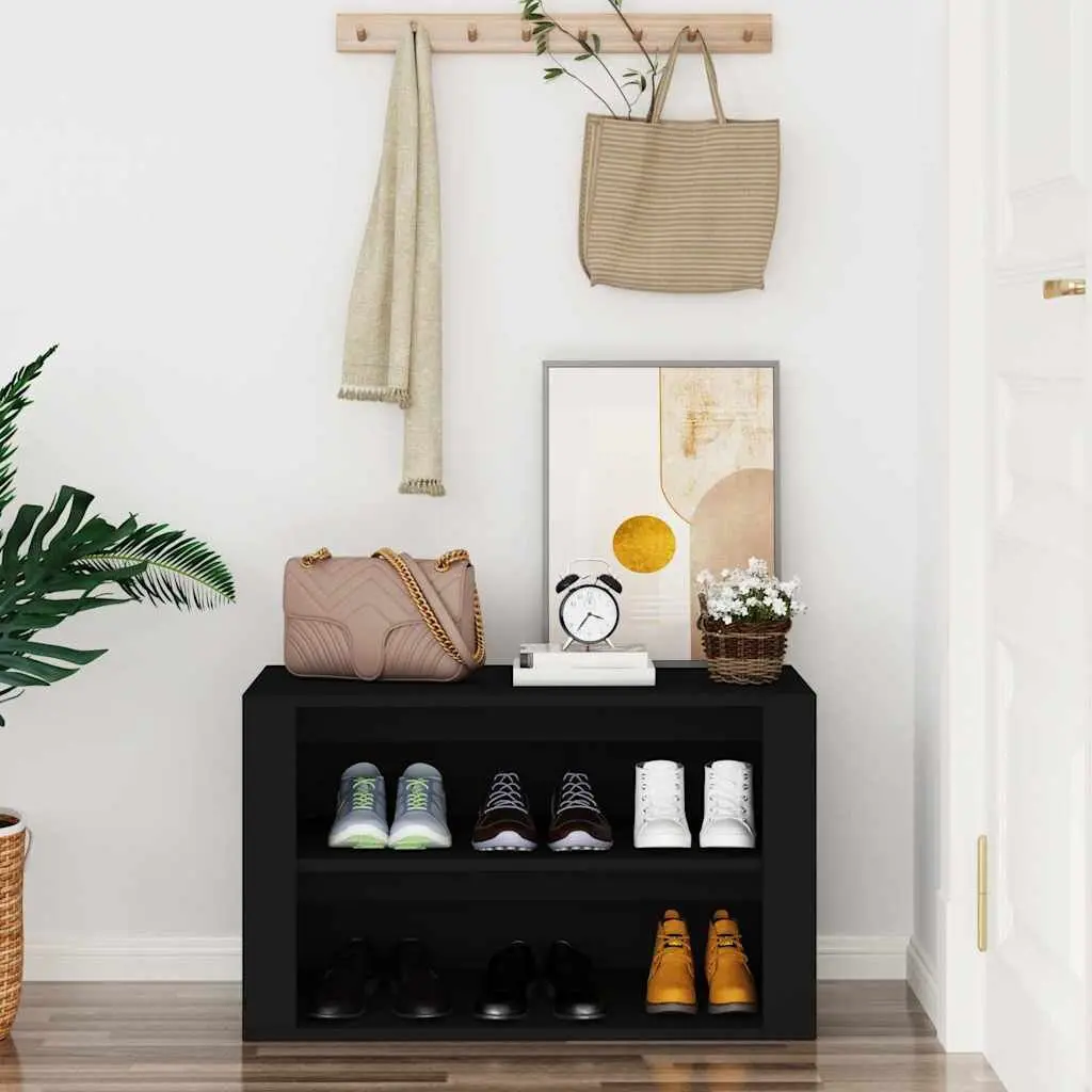 Shoe Rack for Home Organisation Black Engineered Wood 2 Compartment 75W x 35D x 45H cm
