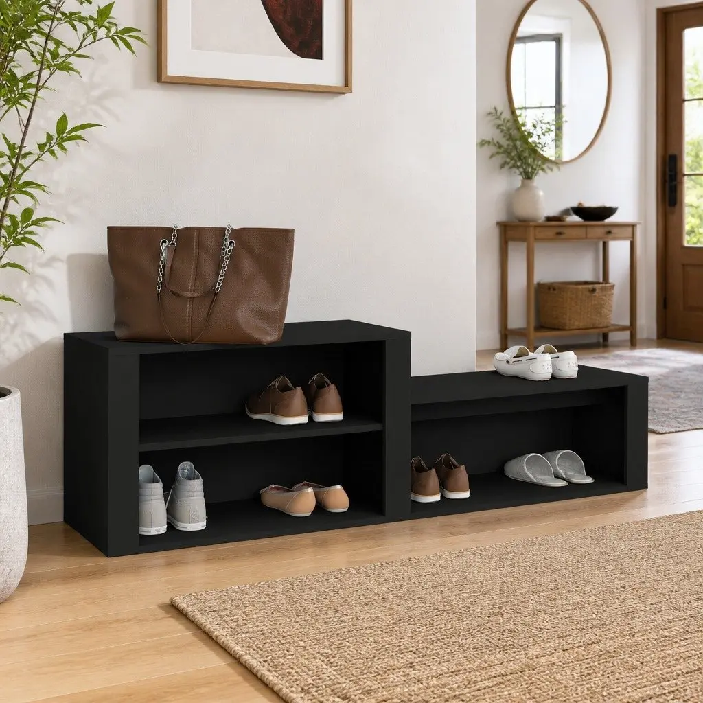 Shoe Cabinet Black Engineered Wood Storage Organiser Hall Entryway 150W x 35D x 45H cm