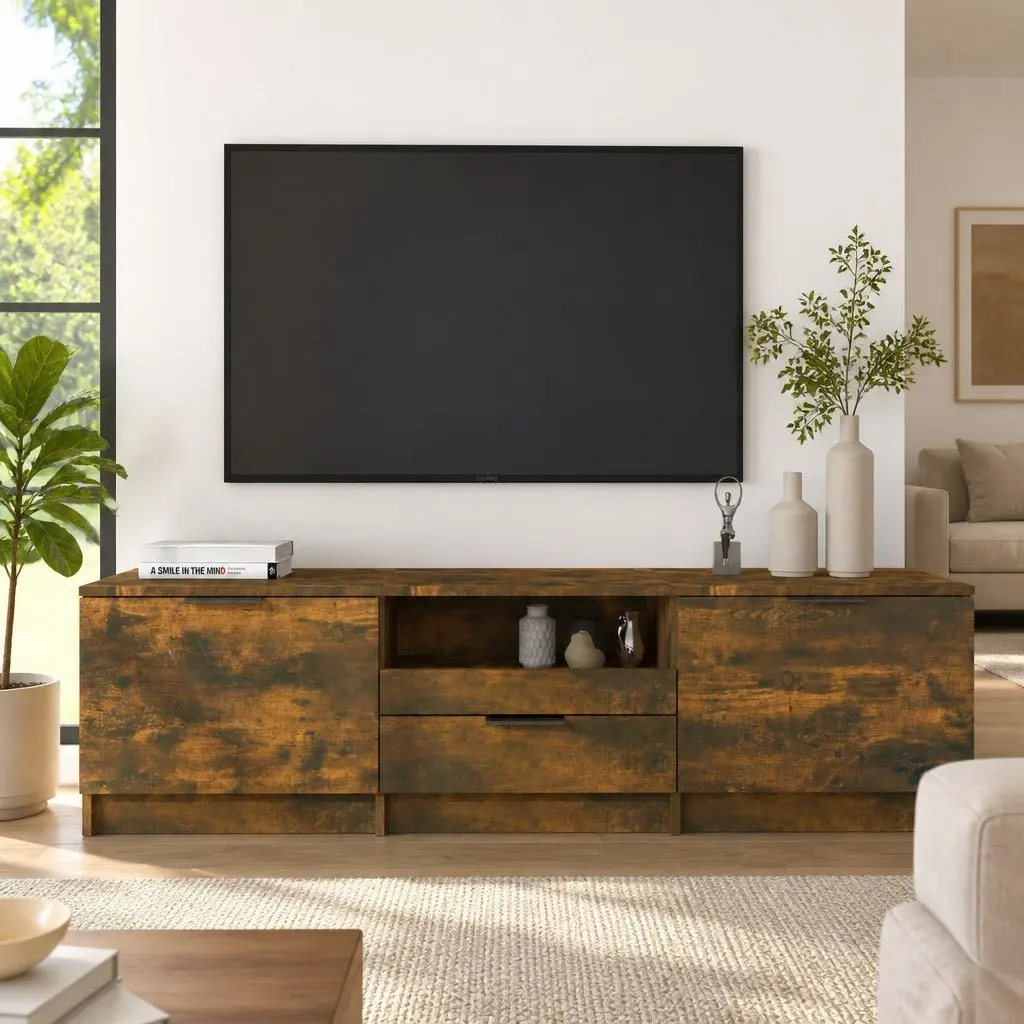 TV Cabinet Unit Brown Engineered Wood Storage Compartments Drawer Organiser