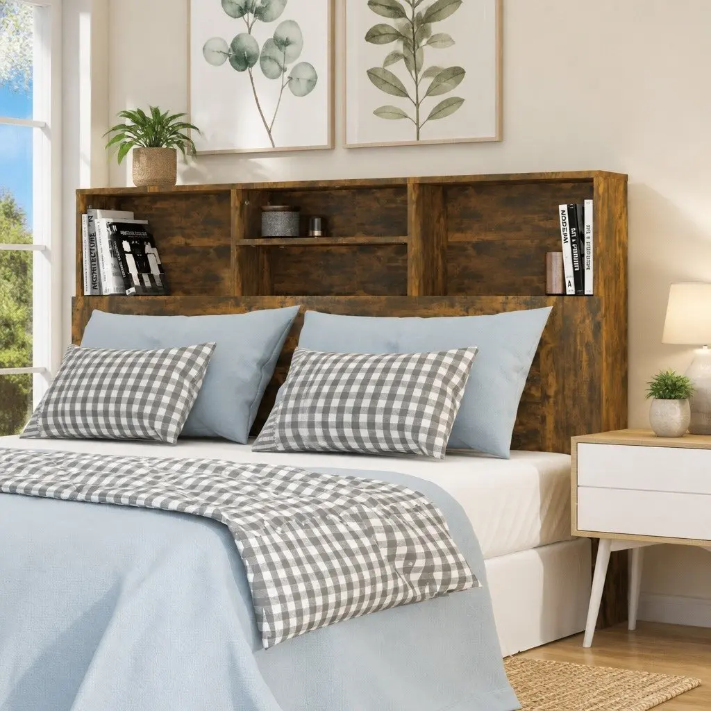 Wall-Mount Storage Headboard Cabinet Bedroom Organiser 160cm Brown Bookcase
