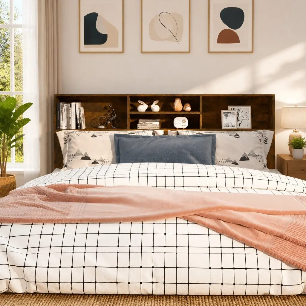 Headboard Cabinet Brown Wall-Mounted Storage Bookcase Bedroom 180cm