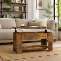 Coffee Table Lift-Top Design Smoked Oak Storage Hidden Compartment Living Room