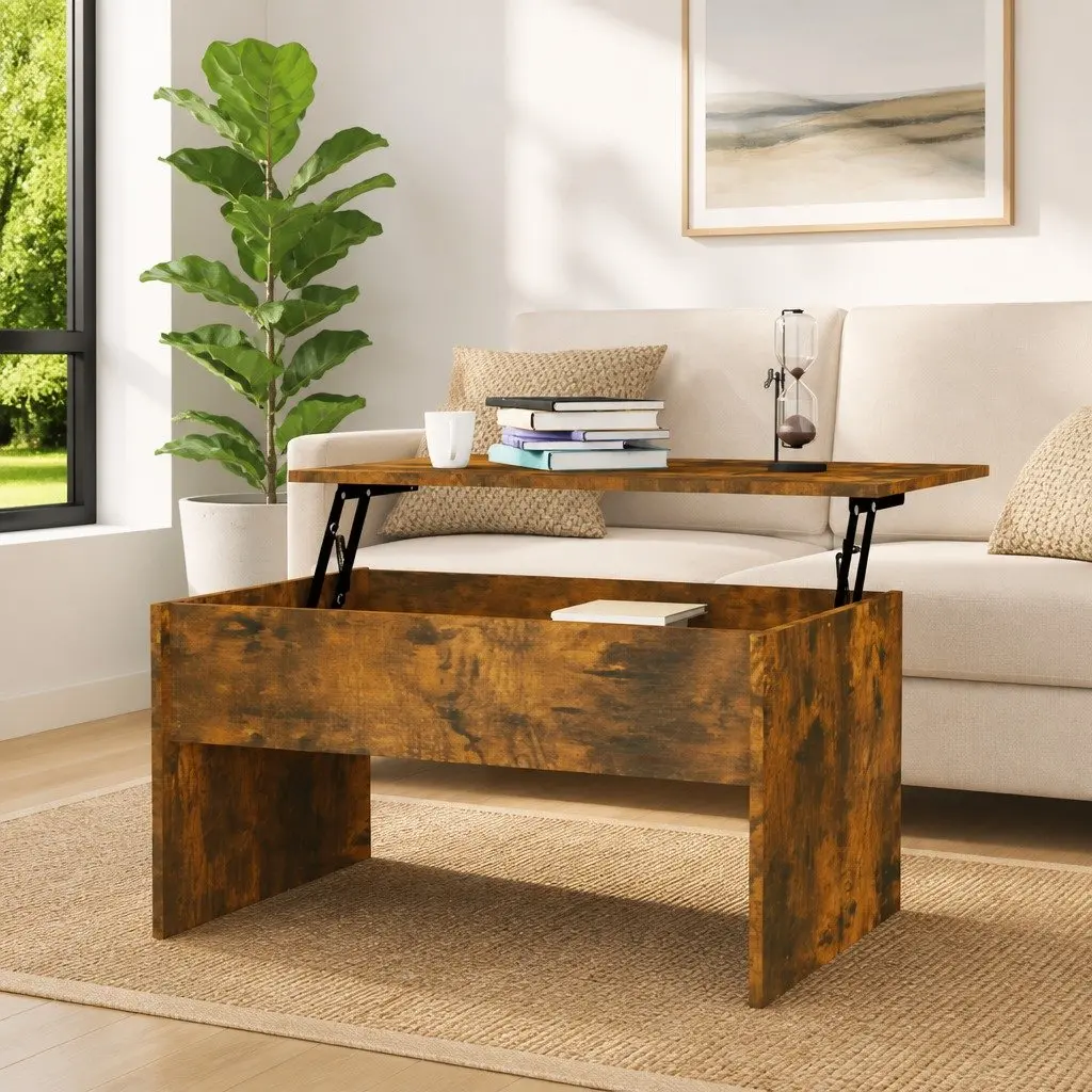Coffee Table Lift Top Smoked Oak Modern Living Room 80L x 50.5W x 41.5H cm