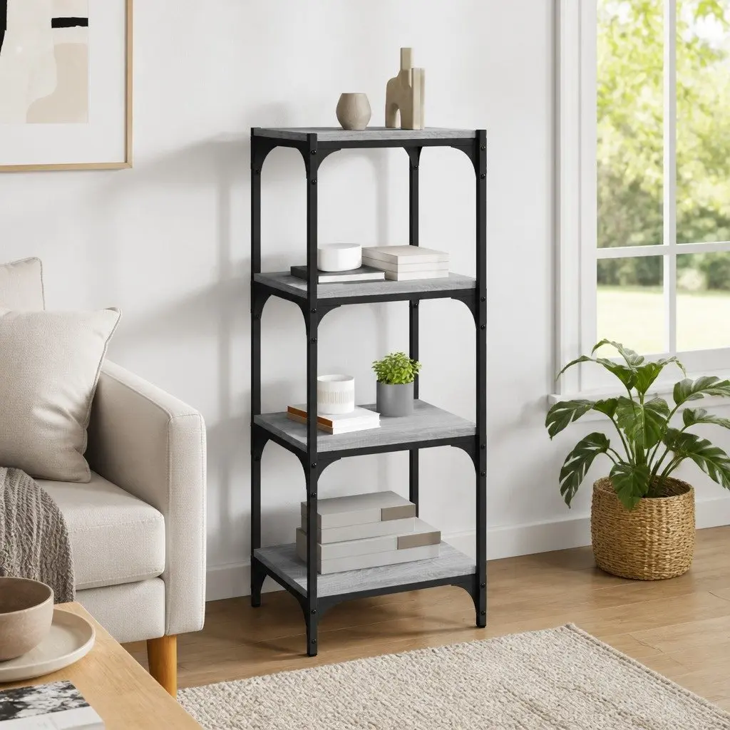 Book Cabinet Grey Storage Shelving Unit 4 Shelf Engineered Wood Steel Frame