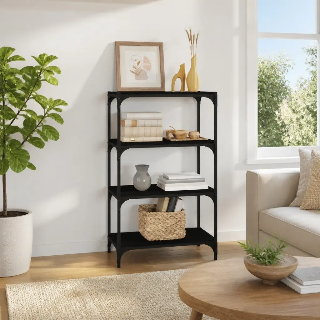 Book Cabinet Black 4 Shelves Storage Organiser Industrial Style 60W x 33D x 100H cm