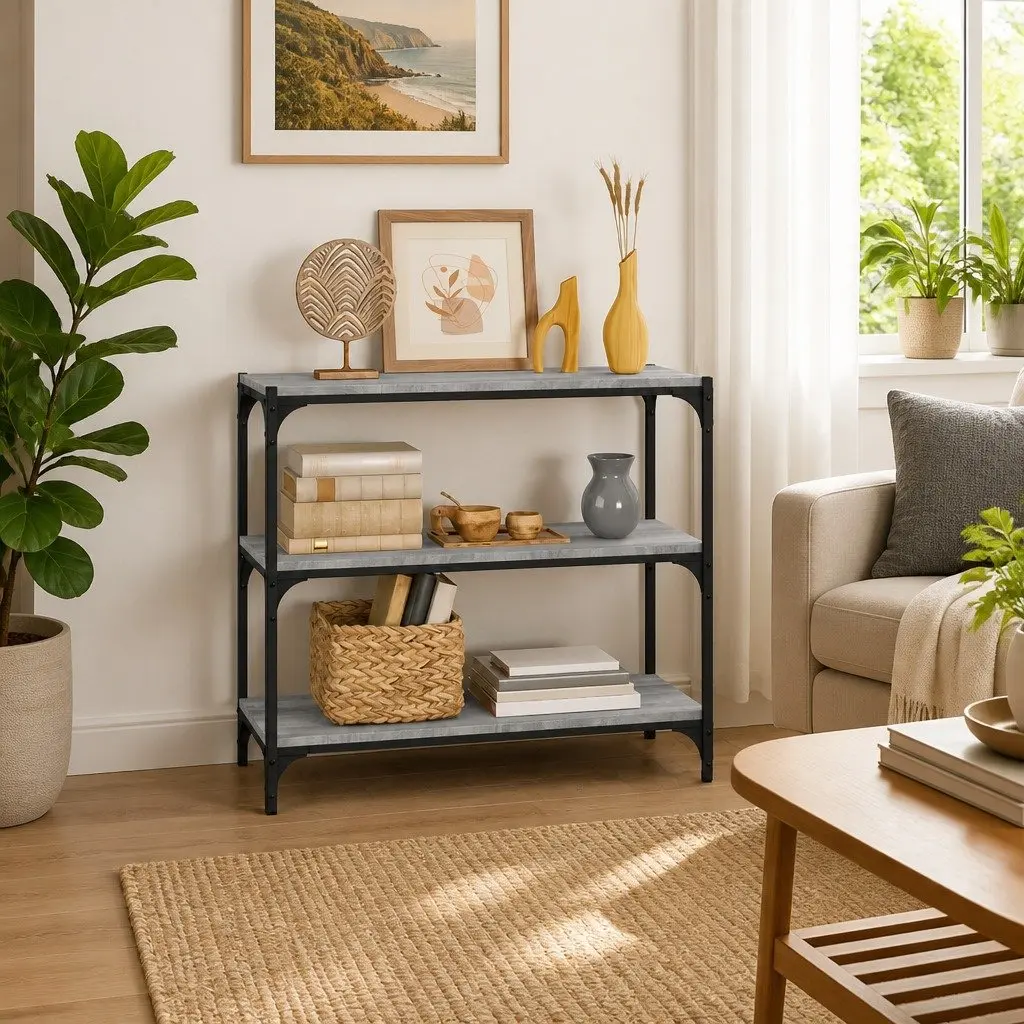 Book Cabinet for Home Office 3 Shelves Grey Engineered Wood Steel Frame Industrial Storage
