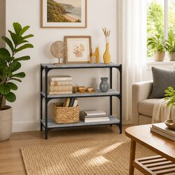 Book Cabinet with 3 Shelves Grey Engineered Wood Steel Frame Industrial Storage
