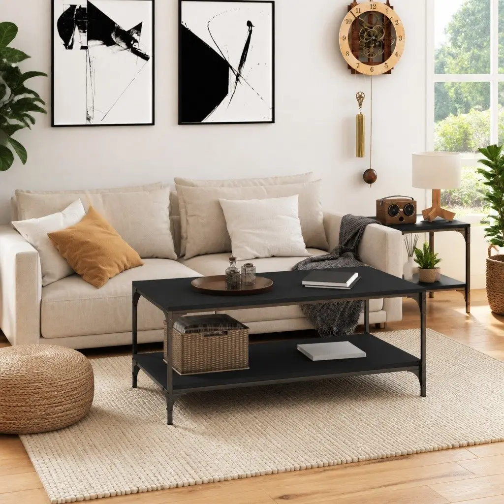 Coffee Table Black Industrial Style Living Room Accent Engineered Wood Storage