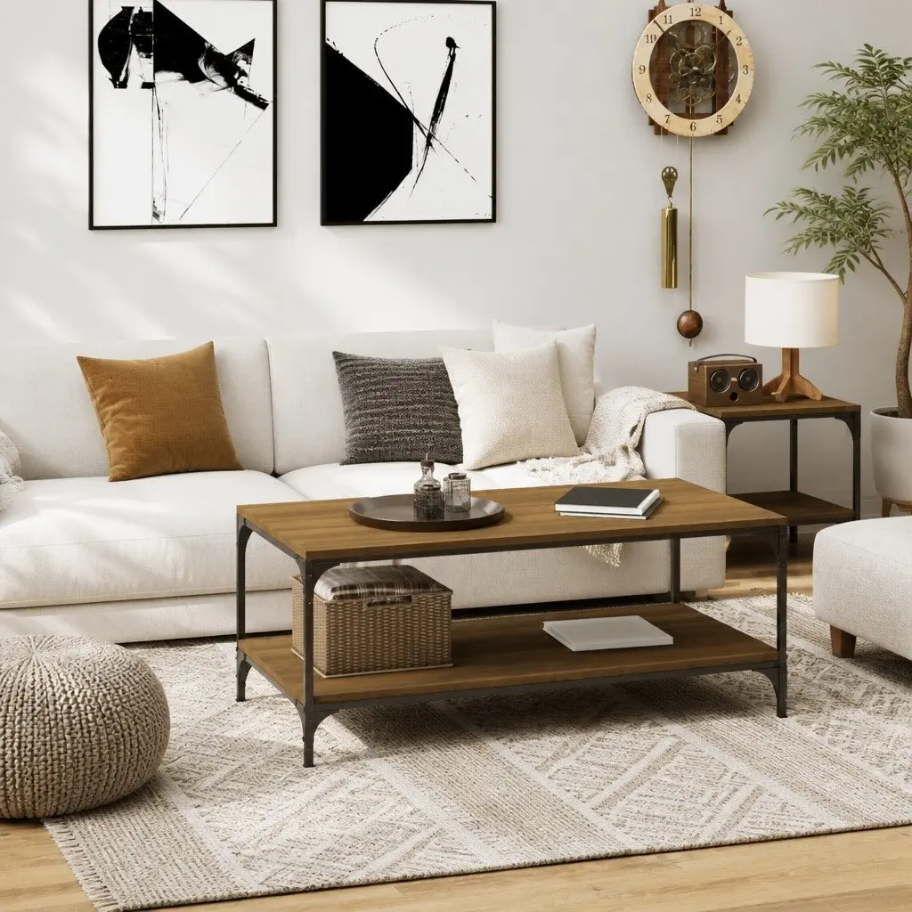 Coffee Table Brown Oak 80x50x40 cm with Storage Steel Frame Living Room