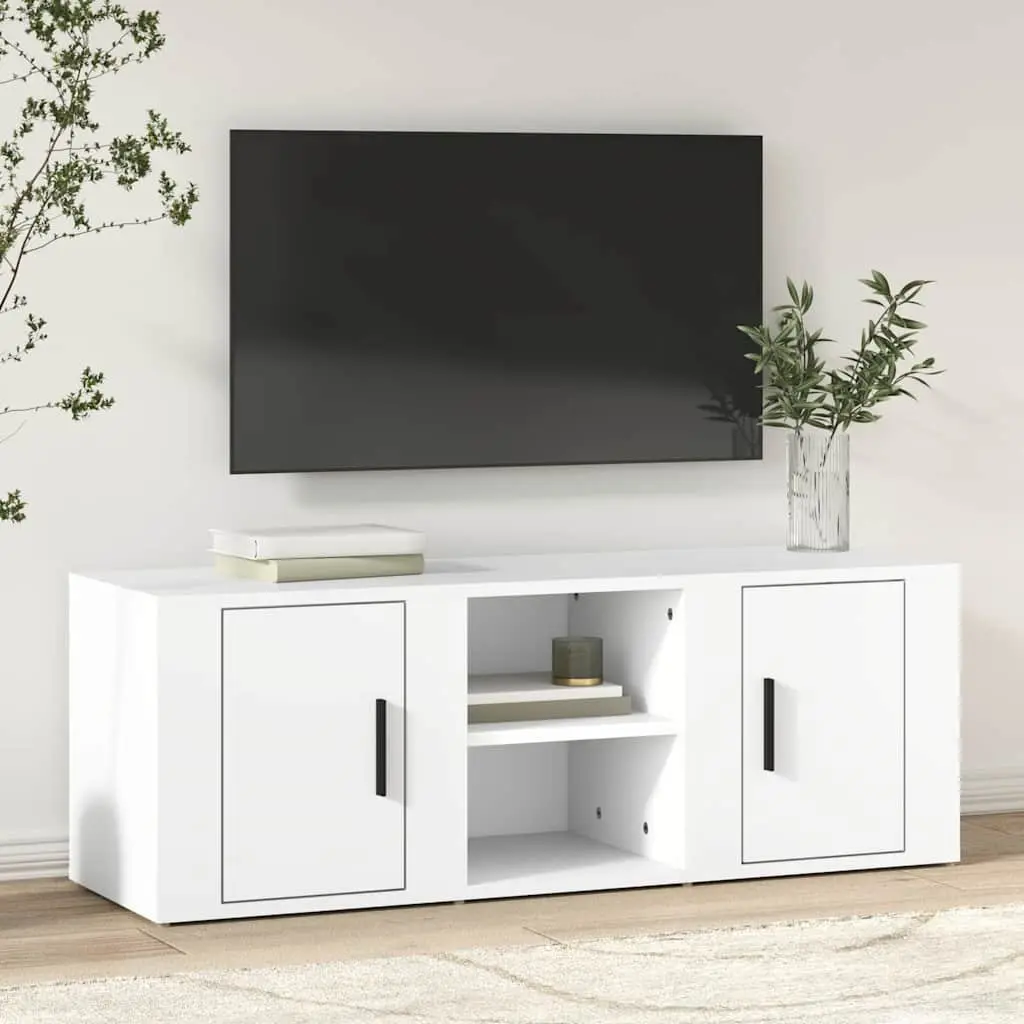 White Storage Media Unit TV Cabinet Size 100x31.5x35cm with Doors and Compartments for Living Room or Entertainment Area