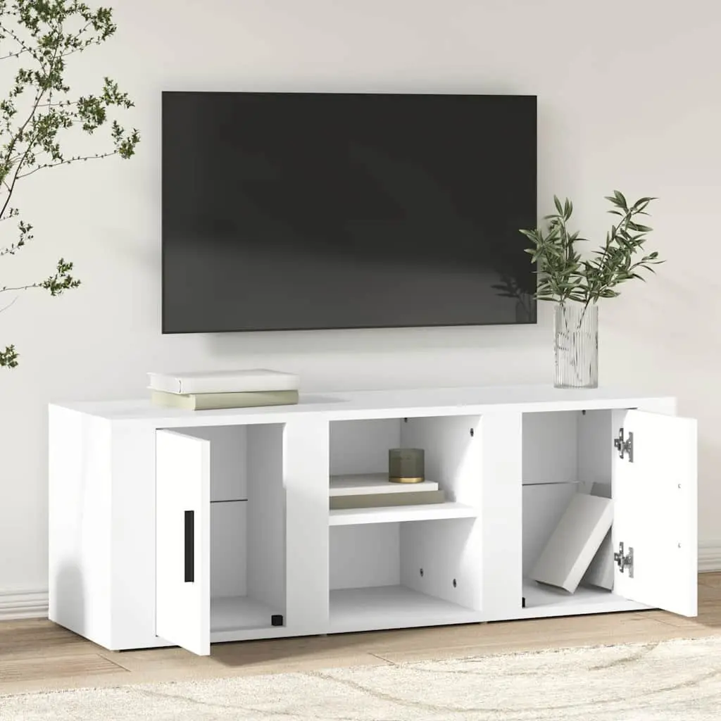White Storage Media Unit TV Cabinet Size 100x31.5x35cm with Doors and Compartments for Living Room or Entertainment Area