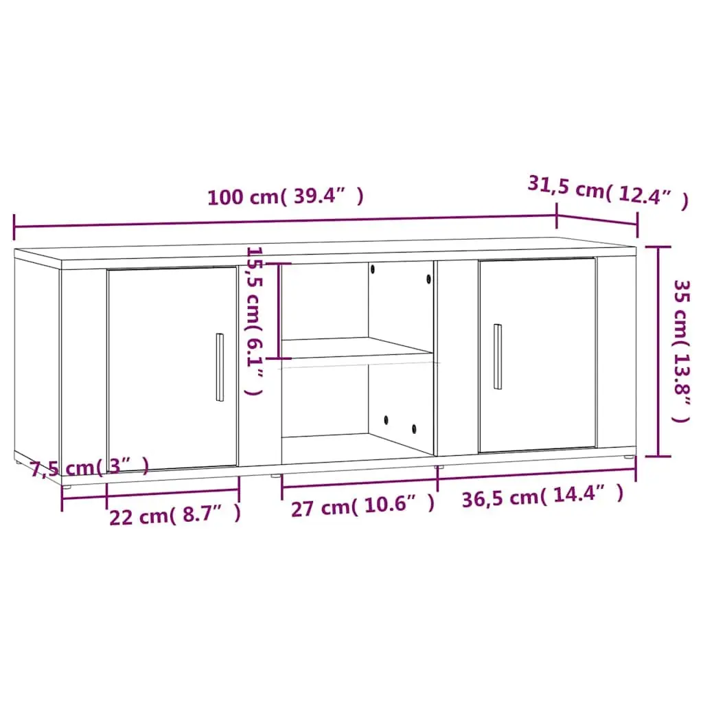 White Storage Media Unit TV Cabinet Size 100x31.5x35cm with Doors and Compartments for Living Room or Entertainment Area