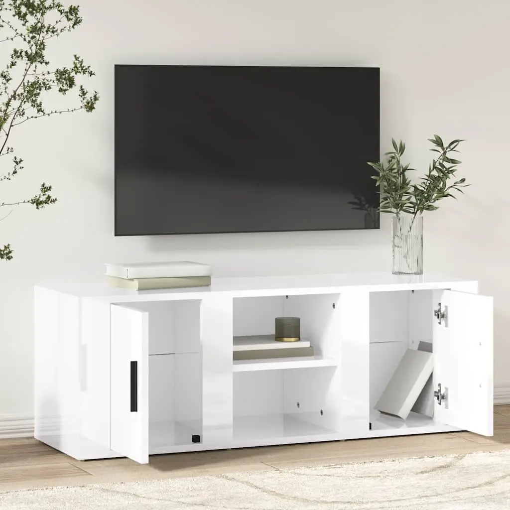 TV Cabinet High Gloss White Media Storage Unit with 4 Compartments Engineered