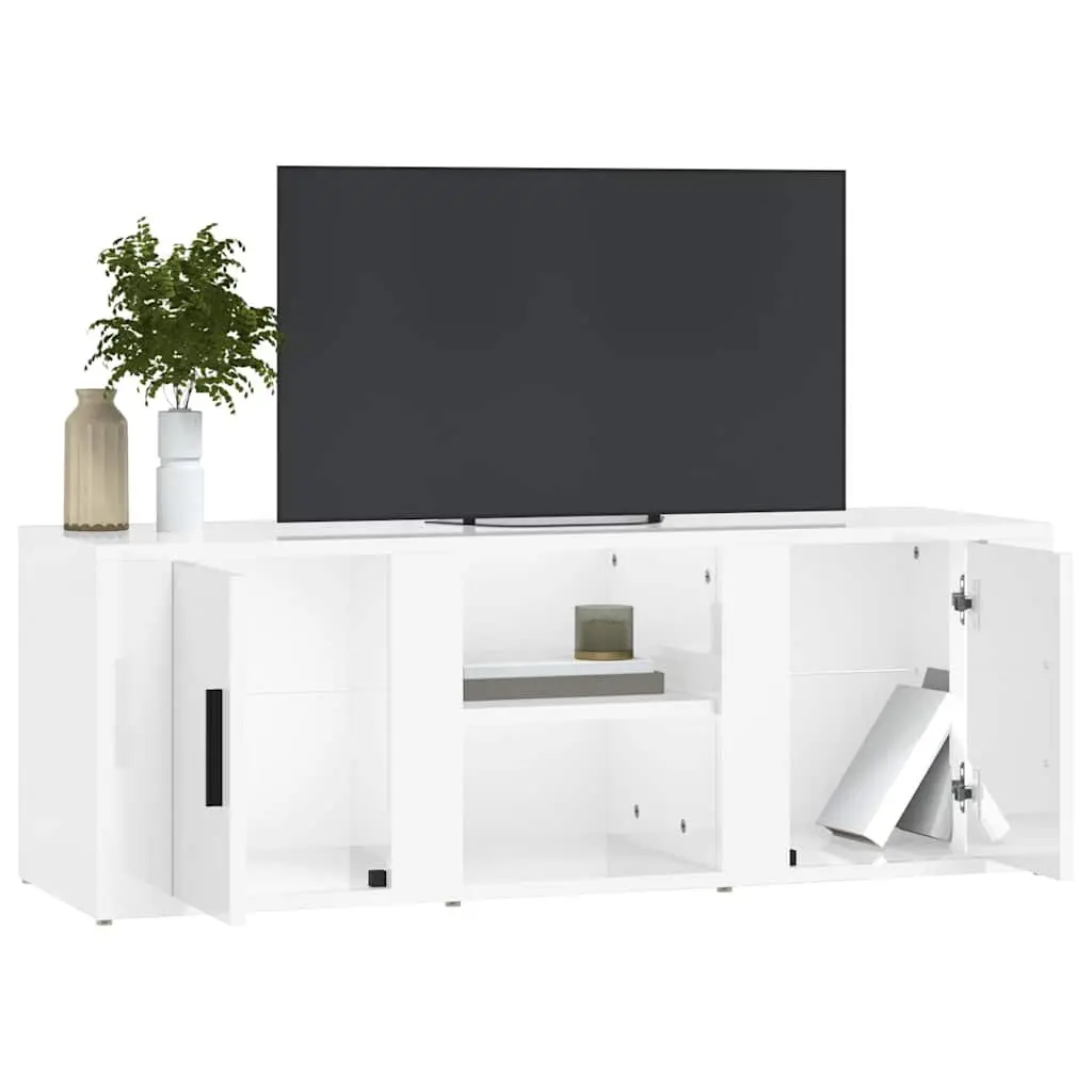 TV Cabinet High Gloss White Media Storage Unit with 4 Compartments Engineered