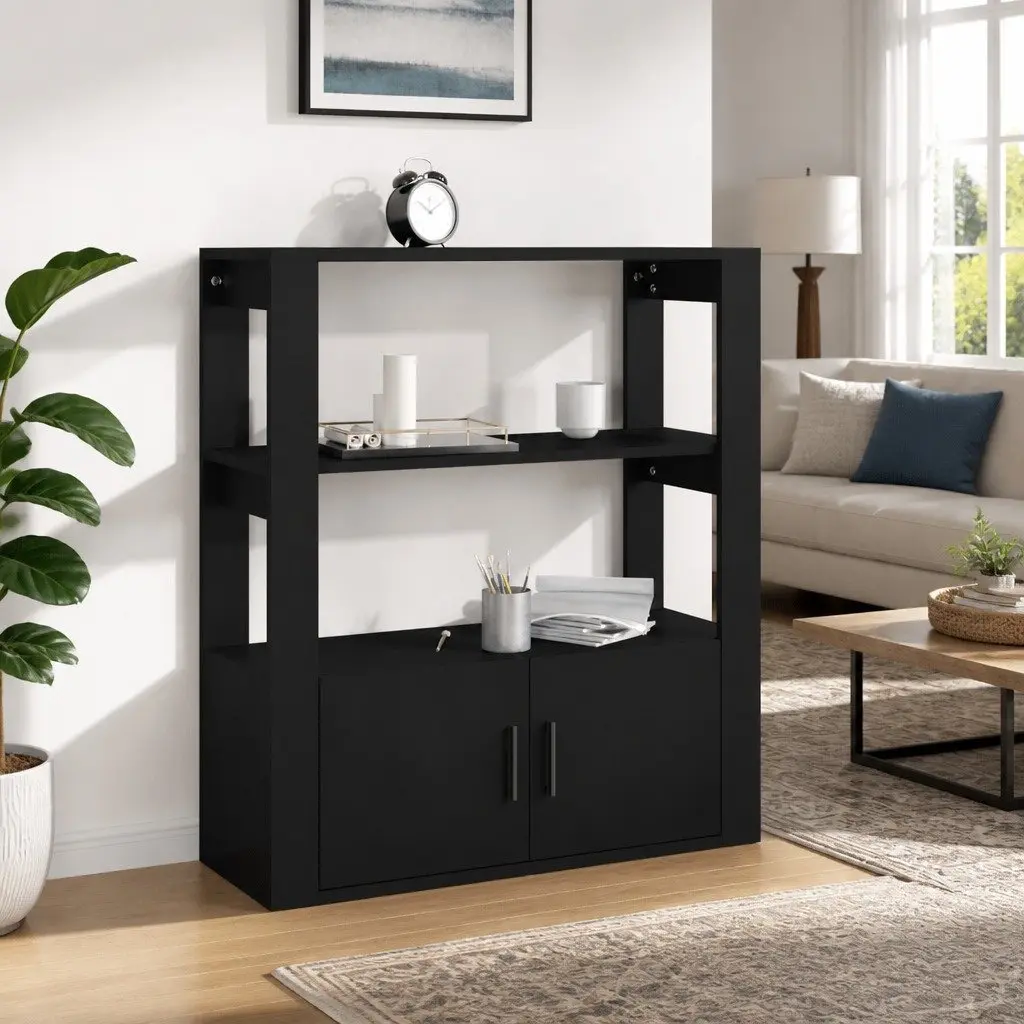 Sideboard Black 80x30x90 cm Storage Cabinet Engineered Wood Shelves Doors