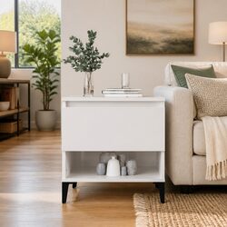 End Table White High Gloss Storage Drawer Compartment Living Room Accent