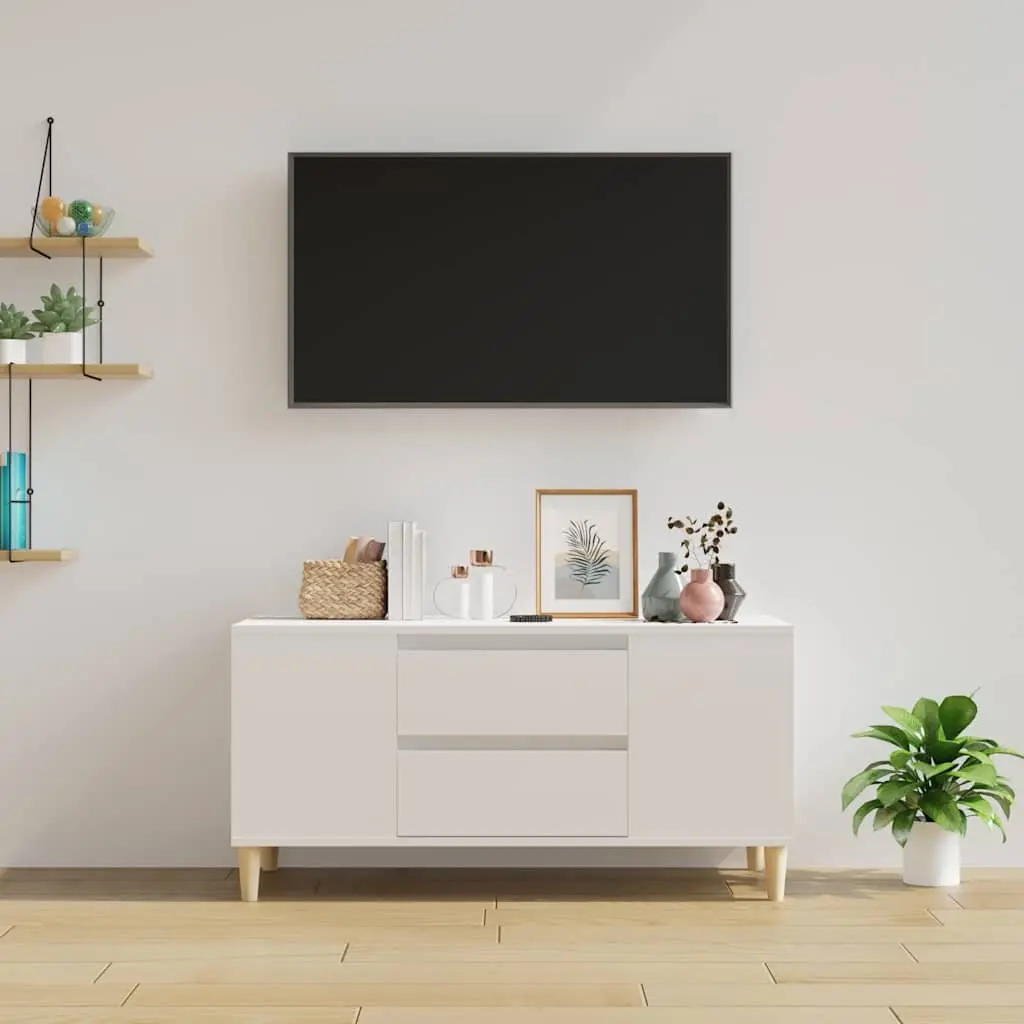 TV Cabinet White High Gloss Modern Storage Unit with Drawers and Compartments 102 x 44.5 x 50 cm