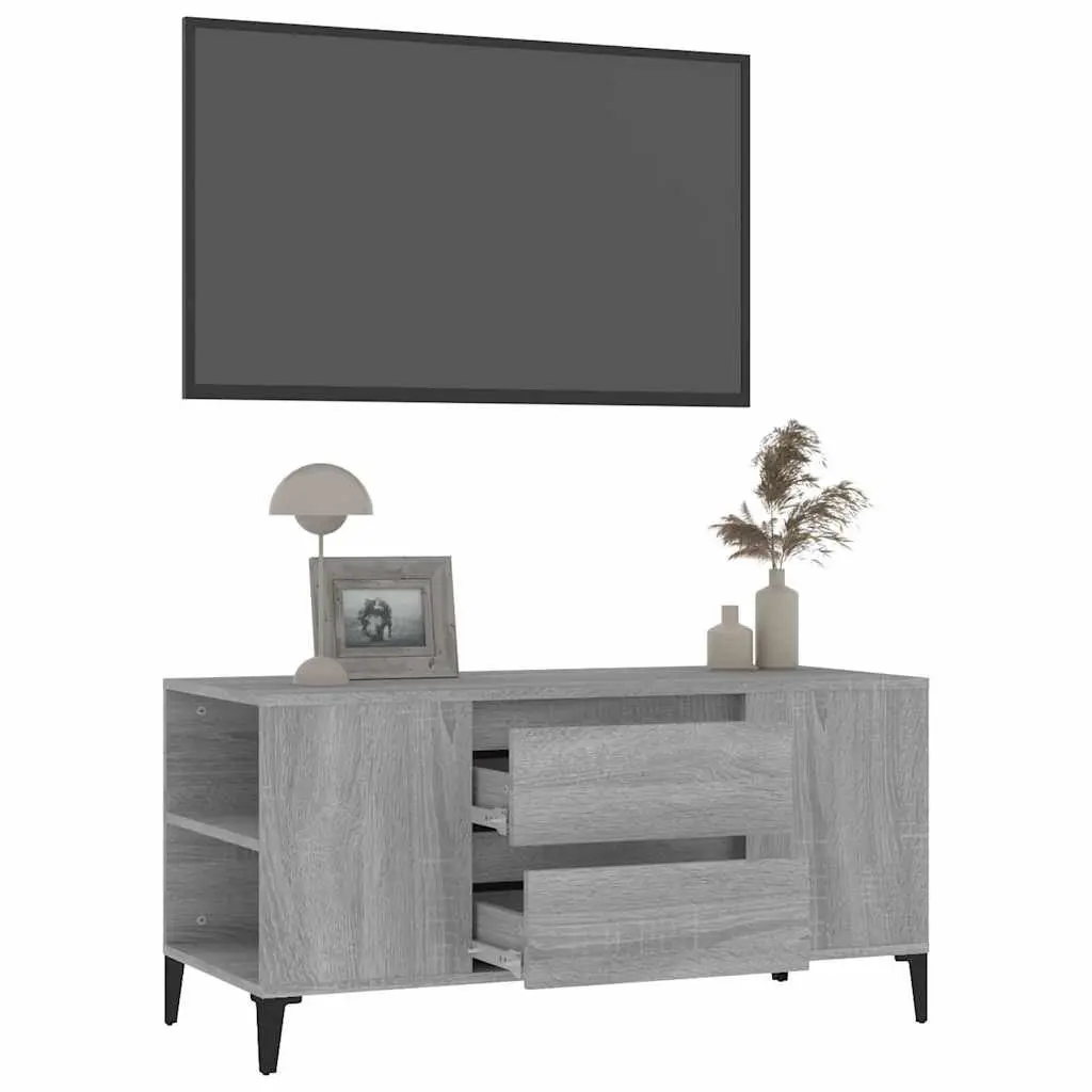 Industrial Style TV Stand Engineered Wood Grey Sonoma Storage Cabinet 4 Compartments 2 Drawers