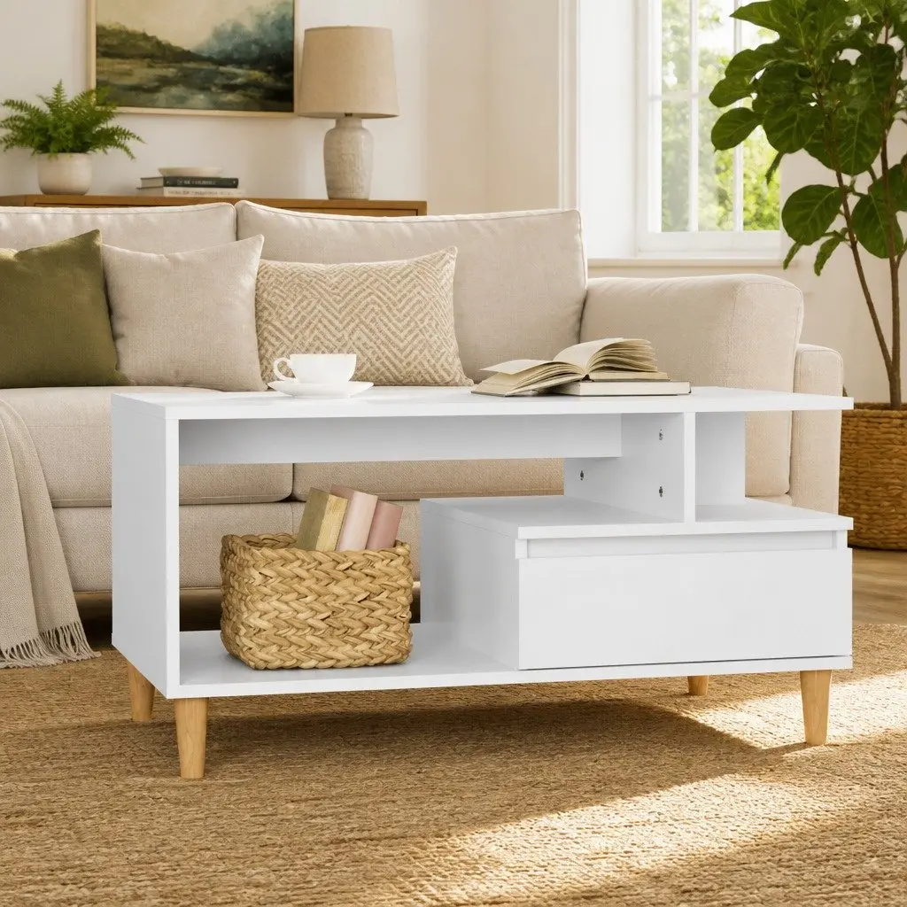 Coffee Table High Gloss White Open Shelves Drawer Storage Engineered Wood Side