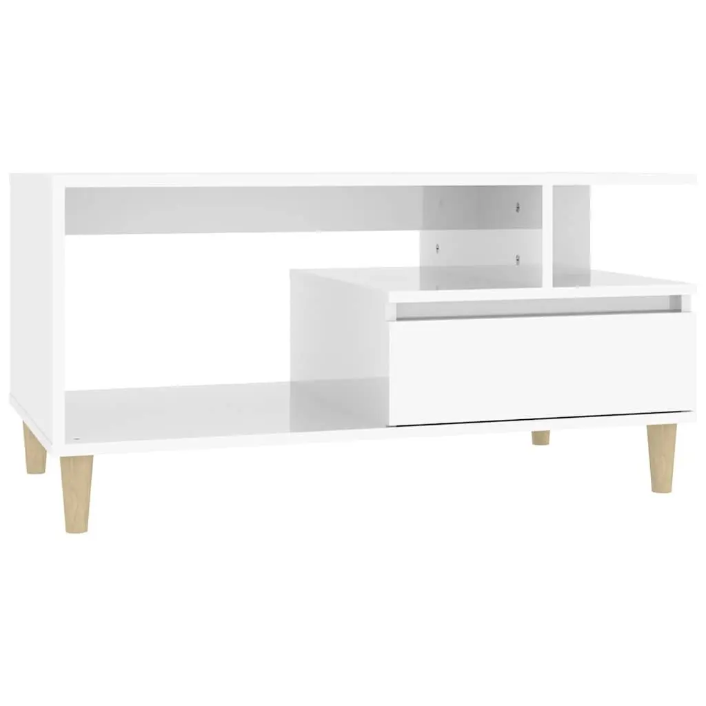 Coffee Table High Gloss White Open Shelves Drawer Storage Engineered Wood Side