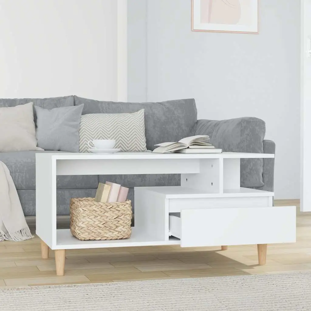 Coffee Table High Gloss White Open Shelves Drawer Storage Engineered Wood Side