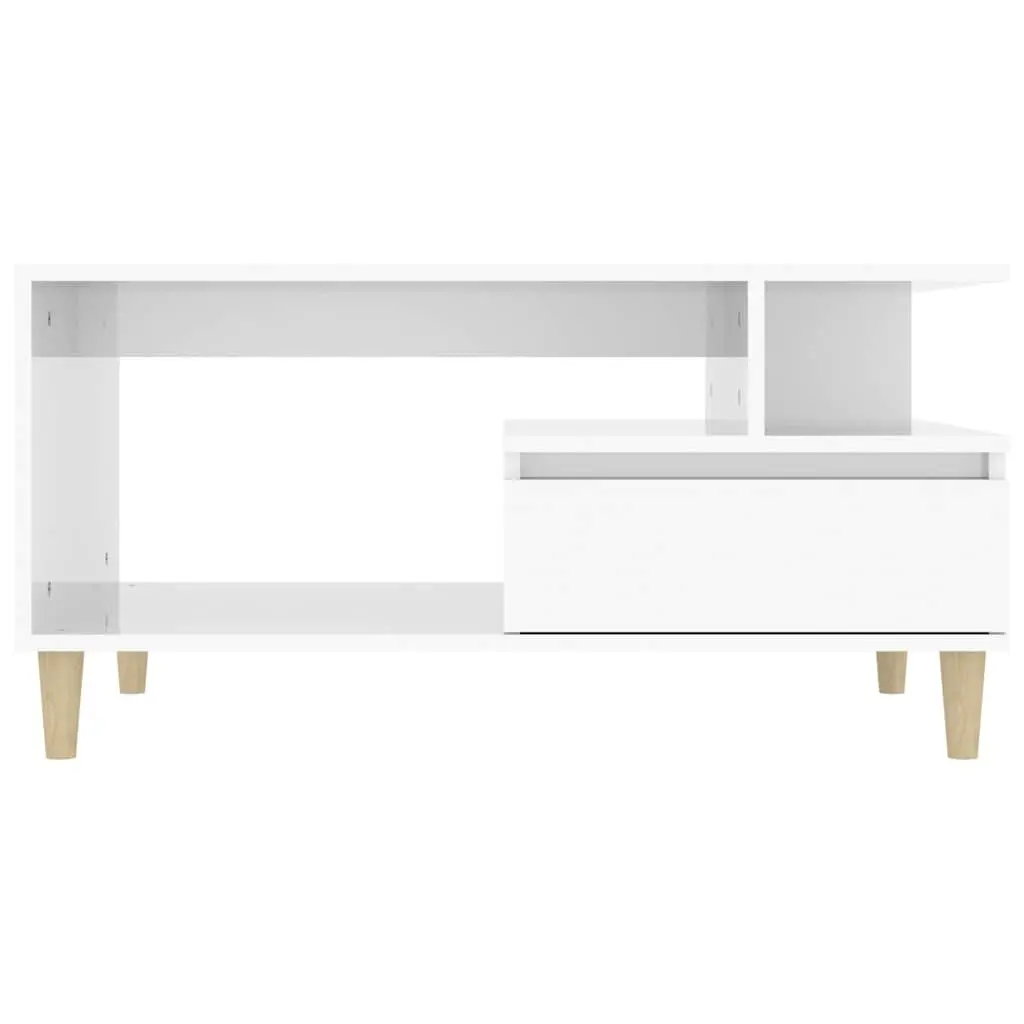 Coffee Table High Gloss White Open Shelves Drawer Storage Engineered Wood Side