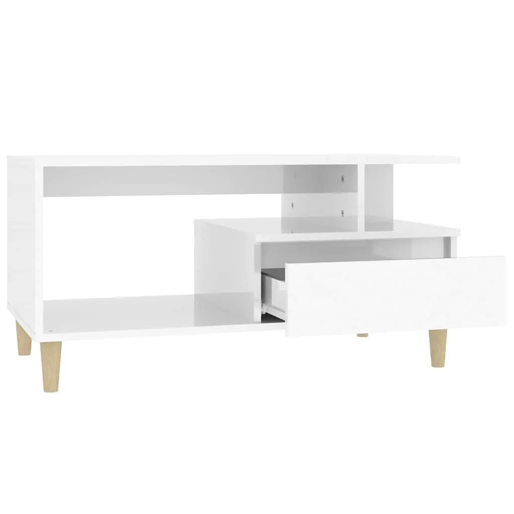 Coffee Table High Gloss White Open Shelves Drawer Storage Engineered Wood Side