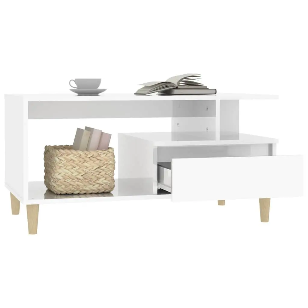 Coffee Table High Gloss White Open Shelves Drawer Storage Engineered Wood Side