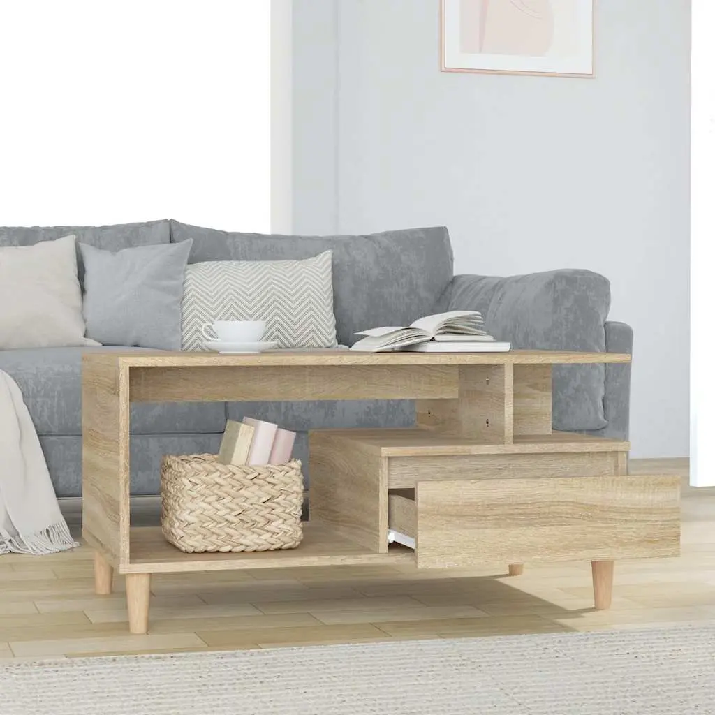 Coffee Table for Living Room with Storage Drawer Open Shelves 90W x 49D x 45H cm Brown Wooden Legs