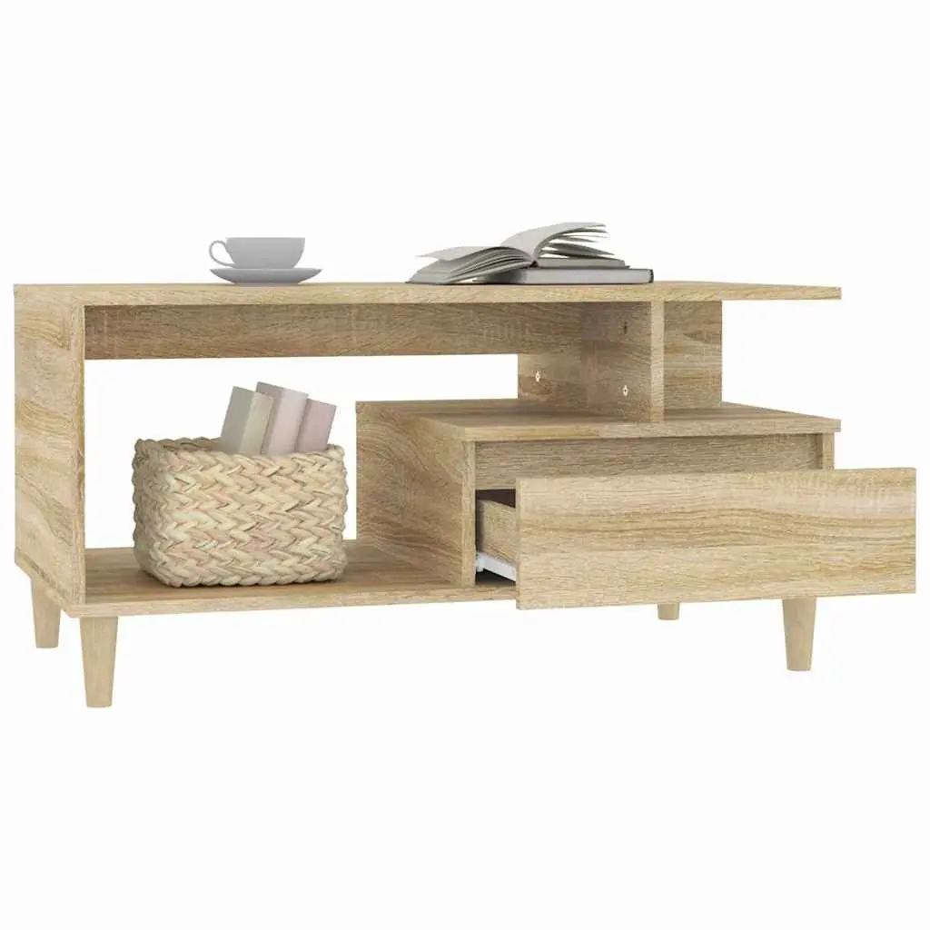 Coffee Table for Living Room with Storage Drawer Open Shelves 90W x 49D x 45H cm Brown Wooden Legs
