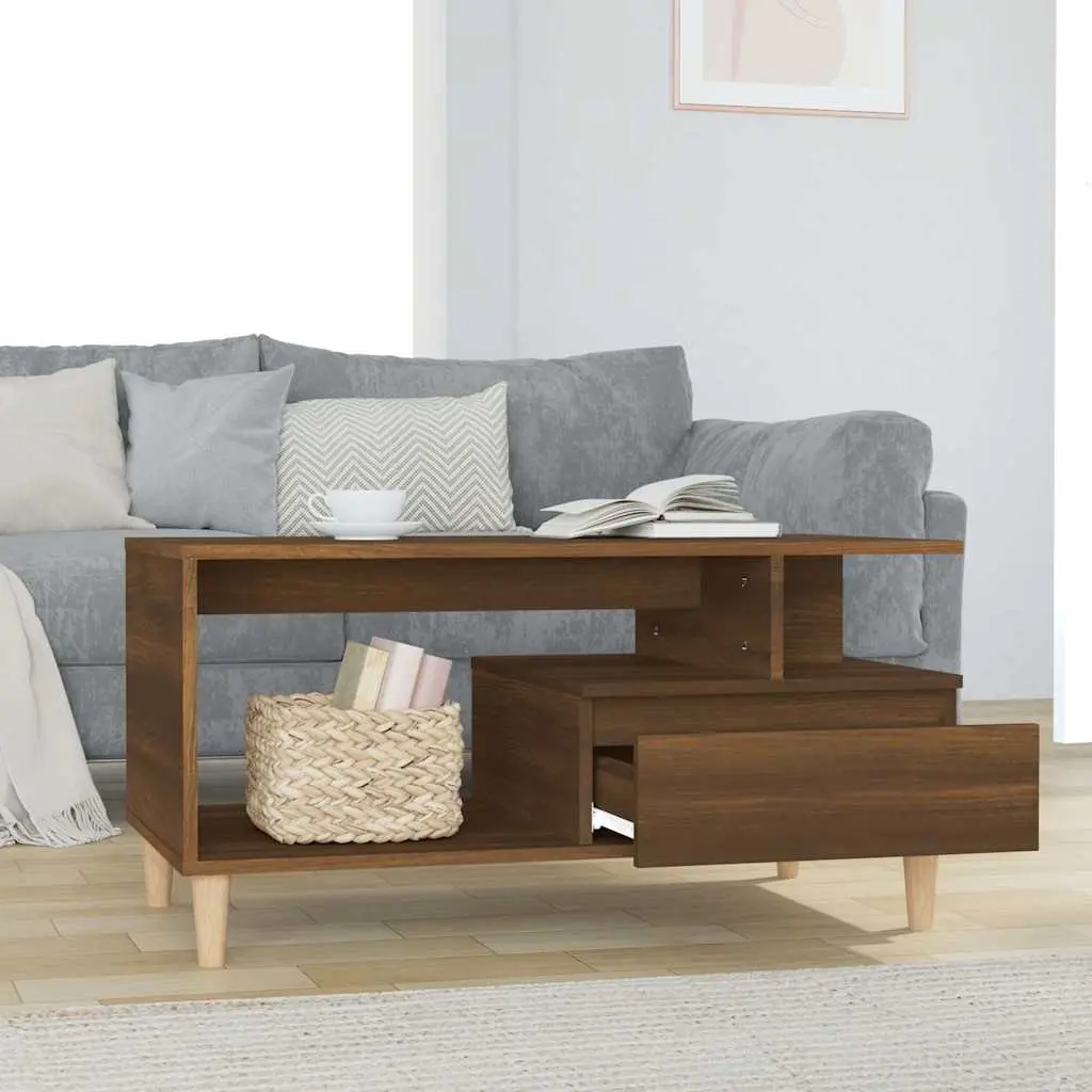 Coffee Table Brown Oak Open Compartment Storage Drawer Living Room Accent